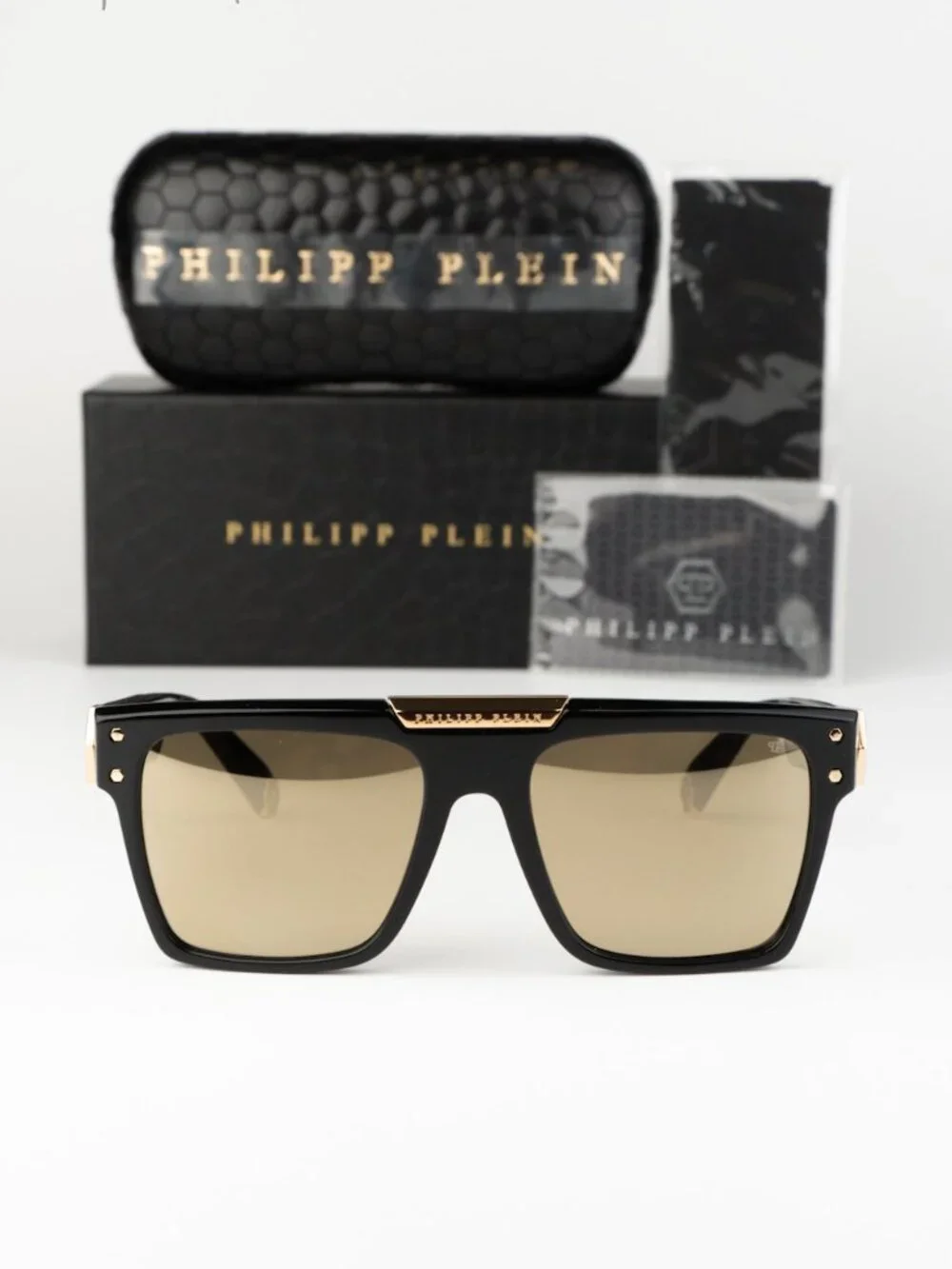 Philipp Plein Women Sunglasses Black Gold Mirror Square SPP080 700G NEW AUTHENTI